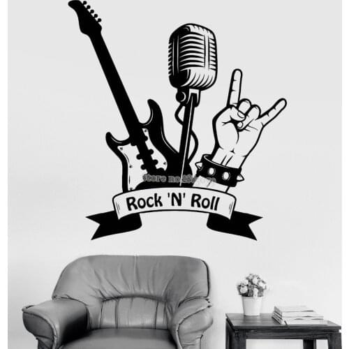 Art Wall Decal Quote Rock'n'roll Guitar Microphone Musical Stickers Murals Wall Stickers For Boys Rooms Interior Ornament LA468