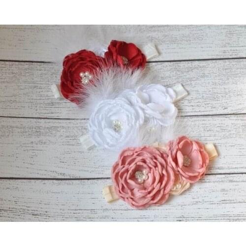 Wholesale New Girl Hair Band Satin Rose Flower Pearl Feather Fashion Hair Accessories Photograph props Baby Gifts E15619