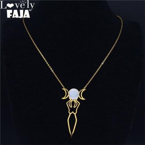 Goddess of the Moon Opal Stainless Steel Necklace for Women Gold Color Necklaces & Pendants Jewelry colar feminino N20318