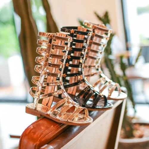 Summer Roman High-top boots sandals Childrens sandals Girls gladiator shoes cool boots Fashion shiny Kids open toe beach shoes
