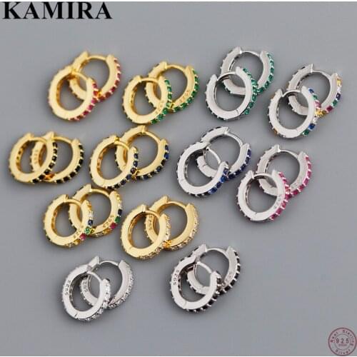 KAMIRA 925 Sterling Silver Punk Geometric Ear Buckle Colorful Zircon Huggie Hoop Earrings for Women Party Gothic Couples Jewelry