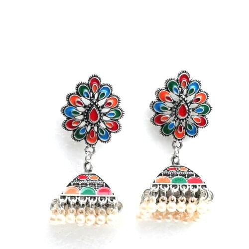 Retro Geometric Earrings Womens Ethnic Silver Color Afghan Bell Tassel Jhumka Indian Earrings Wedding Jewelry