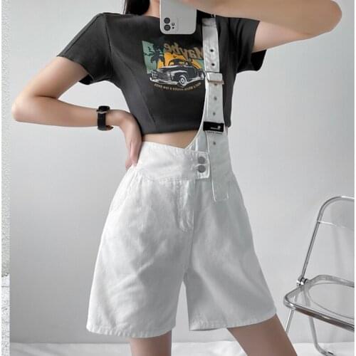 High Waist Summer Women Denim Shorts Label Metal Buckle Buttons Overalls Short Pocket A-Line Loose Wide Leg Jeans Pant Female