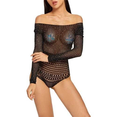 Women’s Sexy Hot Drilling Hollow Lingerie Female Fashion Solid Color Backless Long Sleeve Bodysuit