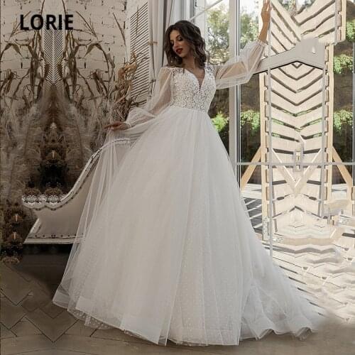 LORIE Boho Wedding Dresses V-Neck Appliques Lace Polka Dot Tulle A-Line Long Puff Sleeves Arabic Corset Wedding Bridal Gowns