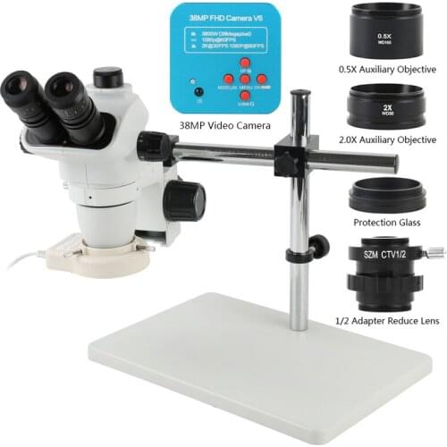 38MP 2K USB HDMI Video Camera + 3.35X-90X Zoom Simul-Focal Trinocular Stereo Microscope For Research Electronic Inspection