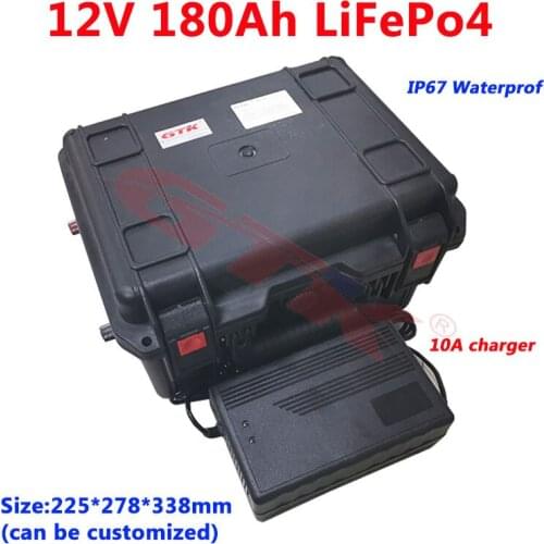 Waterproof 12v 180ah lifepo4 Lithium battery pack with BMS for solar home system power supply monitor computer +10A charger