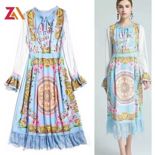 ZALady designer vintage midi dresses beach chic patchwork lace Flared long sleeves bow plus size 2XL elegant vintage dress robe