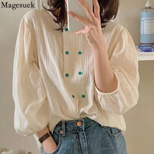 Korean Sweet Round Neck Blouse Women Double-breasted Pleated Stitching Design Shirts Loose Puff Sleeve Shirt Top Blusas 15871