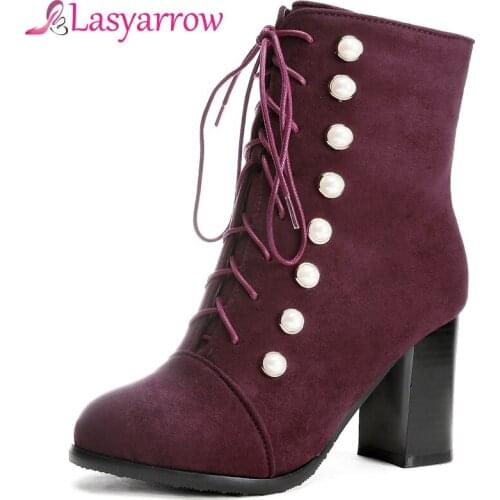 Lasyarrow Large Size 34-48 Black Gray Women Autumn Winter Boots for Women Chunky High Heels Round Toe Lace Up Bling Ankle Boots