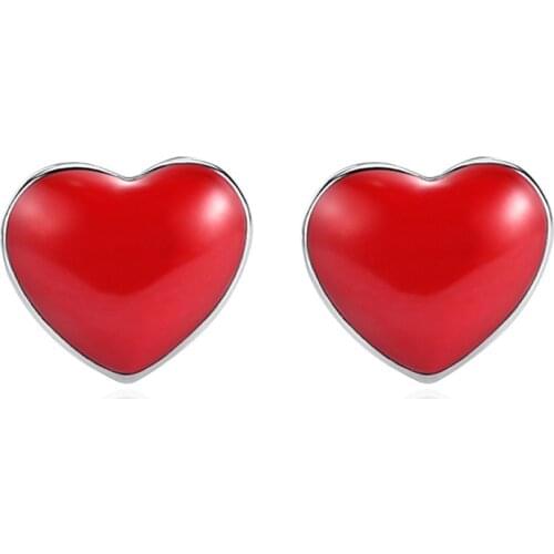 925 Sterling Silver Red Love Heart Shape Stud Earrings For Women Casual Style Girl Earings Personality Jewelry