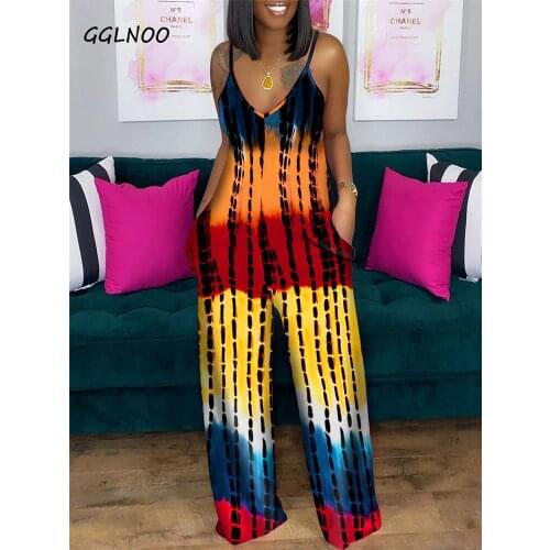 GGLNOO Women Jumpsuit Tie Dye Print Sleeveless Strap V-neck Pockets Loose Straight Jumpsuits One Piece Overalls Summer Outfits