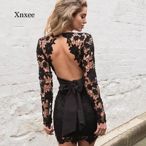 Lace Dress Elegant Party Dresses Women Backless Deep V Neck Sexy Hollow Out Long Sleeve Summer Lace Belt Solid Black pink