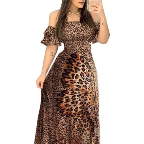 2021 New Hot-Selling One-Line Collar Printed Leopard Print Sexy Dress Female Long Skirt Wrapped Breast Dress Skirt