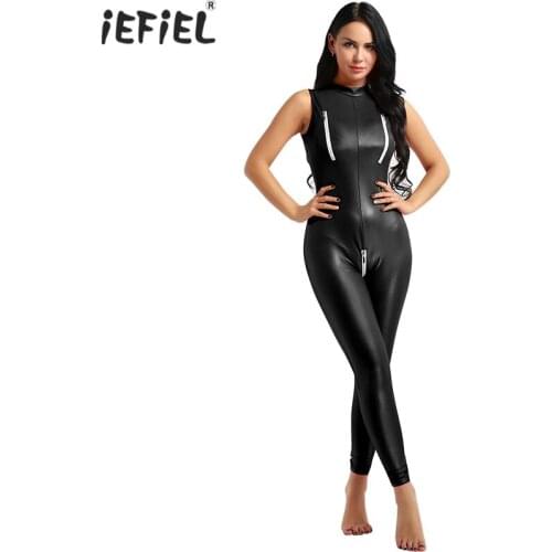 Womens Sexy Lingerie latex suit Wetlook PU Patent Leather Leotard Latex Catsuit Sleeveless Zipper Open Crotch Bodysuit Clubwear