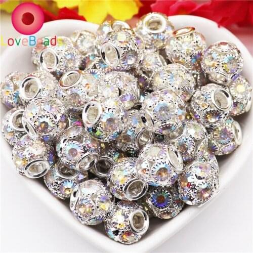 10Pcs Handmade Crystal Rhinestone Murano Charms Beads Large Hole Spacer Beads Fit Pandora Bracelet Keychains Necklace Jewelry