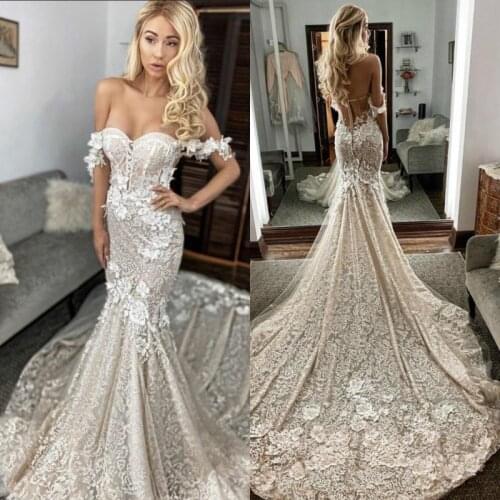 2020 Sexy Berta Off Shoulder Mermaid Wedding Dresses Lace 3D Applique Sweep Train Backless Custom Made Bridal Gowns