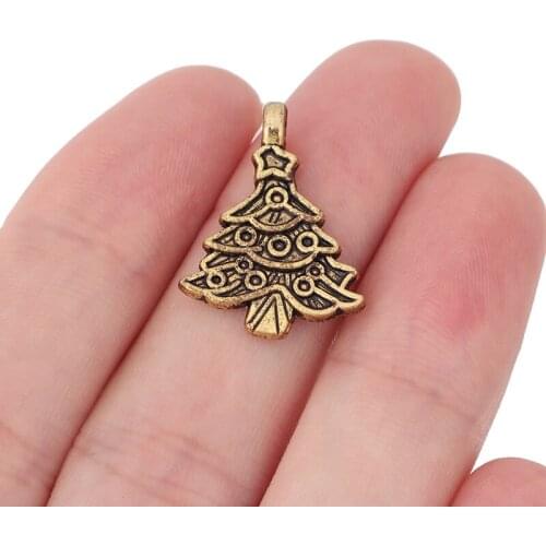 50 x Antique Gold Tone Xmas Small Christmas Tree Charms Pendants Beads for Necklace Bracelet Jewelry Making Accessories 24x18mm