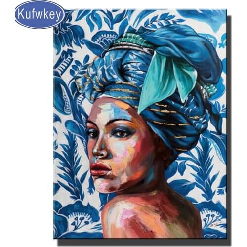 5D DIY Diamond Embroidery,African Girl Blue Colorful Turban Diamond Painting,Cross Stitch,3D,Diamond Mosaic,Black Woman Portrait