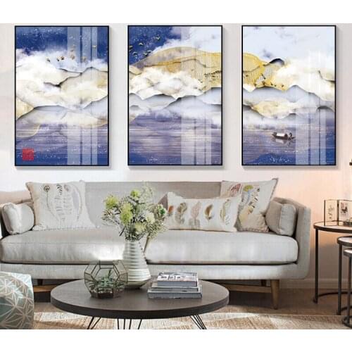 Abstract Golden Mountain Cloud Boat Lake Reflection Landscape Poster Canvas Wall Art Print Painting Picture Modern Home Decor