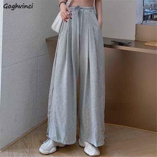 Women Casual Wide Leg Pants Solid Loose Full-length Pleated Elastic High Waist Drawstring Trouser Streetwear Oversize Cool Teens