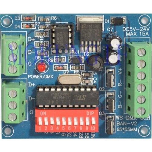 Fast shipping 15pcs MOKUNGIF 3CH Easy dmx512 Controller decoder Driver- RGB Strip Module Dump Node WS-DMX-3CH-BAN-V1 5-24V