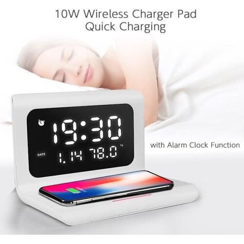 Digital Alarm Clock with Thermometer Desktop Electric Clock with Phone Wireless Charger Stand Table Clock for Android/ iOS Phone
