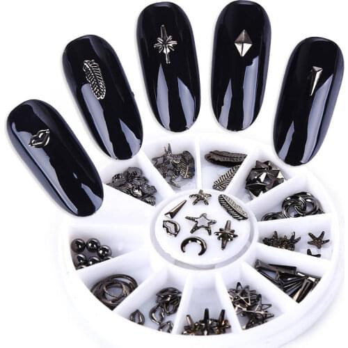 Black Studs 3D Nail Decoration Mixed Rivet Circle Star Round Square Triangle bead Tips Manicure Nail Art Decoration in Wheel