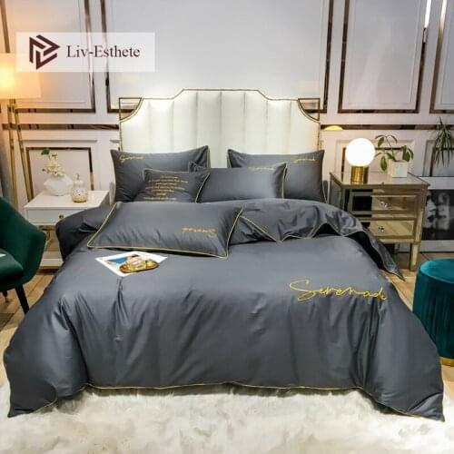 Liv-Esthete Dark Gray 100% Cotton Bedding Set Embroidery Duvet Cover Set Flat Sheet Pillowcase Double Queen King For Adult 4PCS