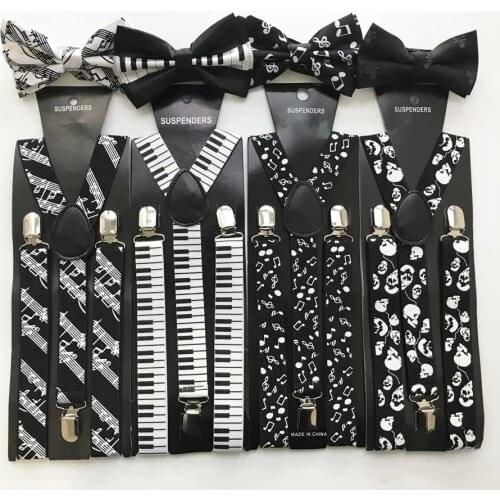 Stylish Boys Girls Adult Unisex Suspender Ties Set Office Casual Elastic Suspenders Musical Y-Shape Clip-on Braces Bowtie Sets