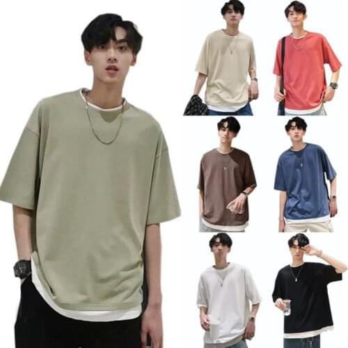 Solid Color Men Short Sleeve Round Neck Loose Patchwork Blouse T-shirt Tee Top Casual T Shirt Tee for Man Streetwear Big Size