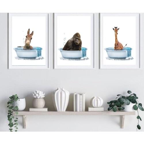 Animal in Bathtub Poster Print Funny Monkey Donkey Giraffe Bath Canvas Painting Nursery Wall Art Picture Kid Room Home Decor