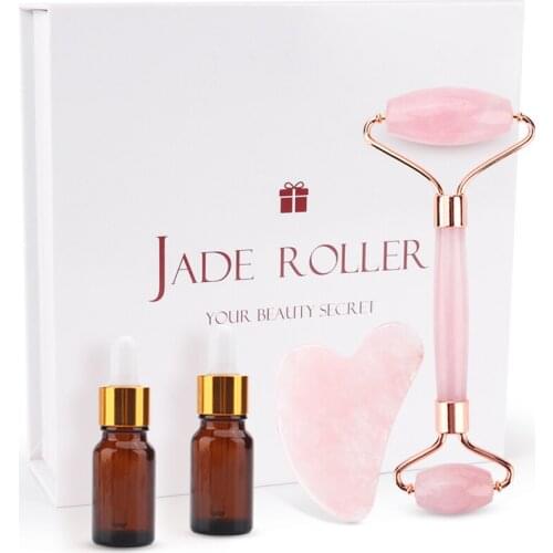 Rose Quartz Jade Roller Natural Jade Guasha Gift Set Facial Slimming Face Lifting Jade Stone Massager for Body Neck Face Care