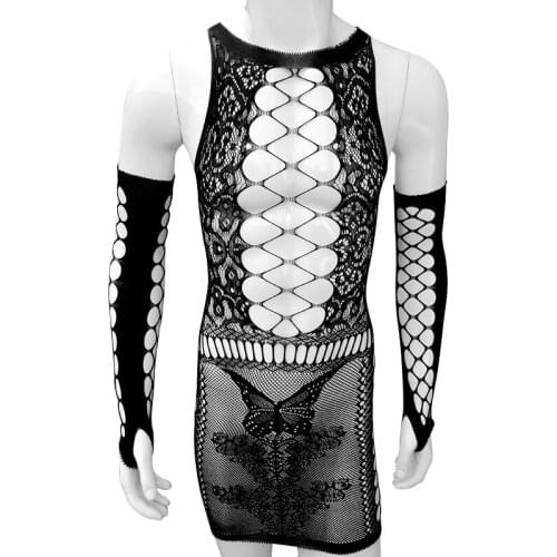 Sissy Mesh Babydoll See though Hollow Out Nightwear Sexy Lingerie hot erotic costumes Men Sheath lingerie Set