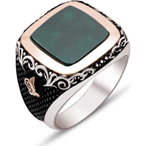 Silver Green Agate Stone Tuğralı Male Ring