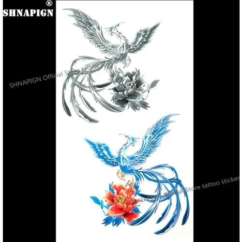 SHNAPIGN The Blue Grey Ice Phoenix Temporary Tattoo Body Art Arm Flash Tattoo Stickers 17*10cm Waterproof Fake Henna Painless