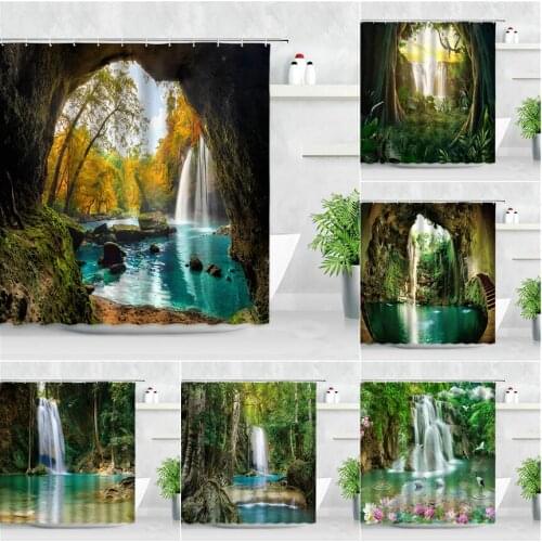 Forest Cave Waterfall Shower Curtain Set Yellow Maple Trees Autumn Scenery Modern Home Decor Waterproof Fabric Bathroom Curtains