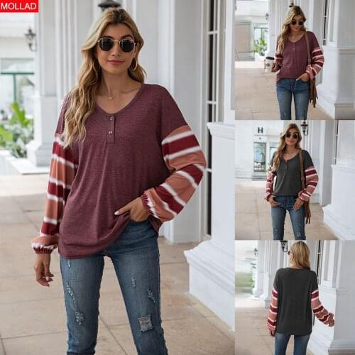 2021 Spring/Summer Hot Sale in Europe and America Striped Stitching Long Sleeve T-shirt Women