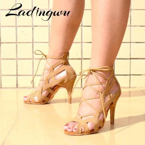 Ladingwu Brands Women Latin Dance Boots Ladys Salsa Dance Shoes Brown Black Red Suede Professional Ballroom Dance Shoes