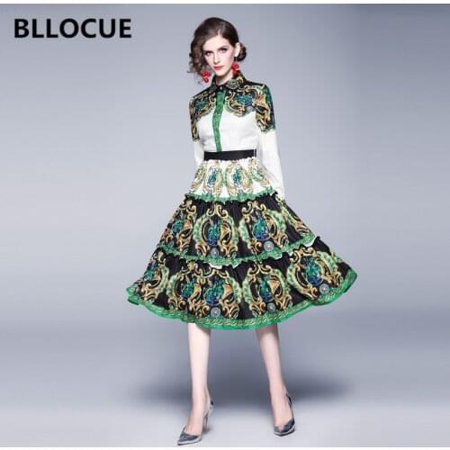 BLLOCUE Fashion Runway Flower Printed Dress 2020 Spring Women Elegant Long Sleeve Ruffles Cake Vintage Midi Dress
