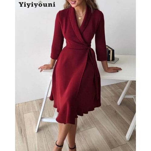 Yiyiyouni High Waist Sashes A Line Dress Women Spring V-Neck Long Sleeve Chiffon Dress Women Elegant Red Party Vestidos Ladies