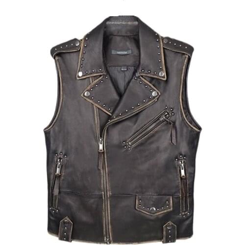 Genuine Sheepskin Vest Distressed Rivets Embellished Sheepskin Leather Mens Motorcycle Leather Vest