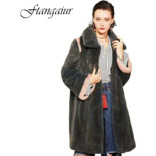 Ftangaiur 2019 Winter Import Velvet Mink Fur Coat Striped Turn-Down Collar Mink Coat Womens Long Natural Real Mink Fur Coats