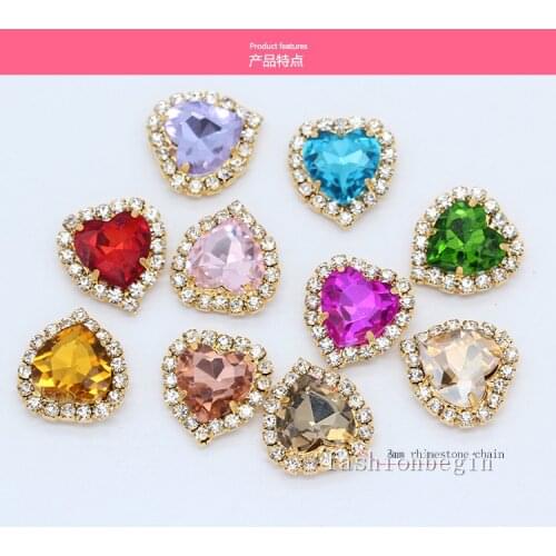 15p 8mm colourful heart shape sew on crystal glass stone Costume Dress rhinestones gold claw jewels trim beads wedding applique