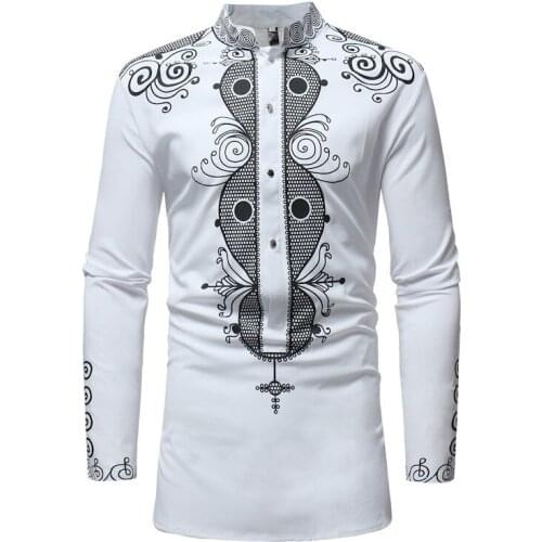 African Tribal Dashiki Longline Shirt 2021 Brand New Long Sleeve Mandarin Collar Dress Shirt Men African Clothing Camisa Hombre