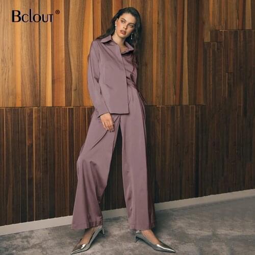 Bclout Fashion Elegant Two Piece Set Poplin Office High Waist Long Panta And Slim Turn Down Collar Shirt 2 Piece Set Women Suit