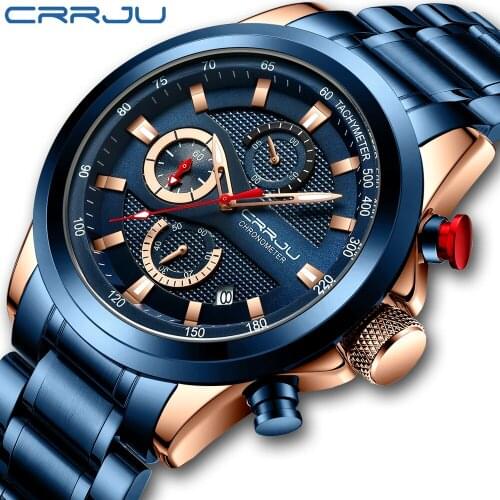 Men Watches CRRJU Stainless Steel Watches for Mens 2020 New Fashion Chronograph Calendar Clock Quartz Watches reloj hombre