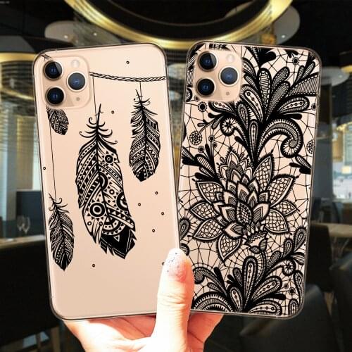 Black Sexy Floral Phone Case For iPhone 12 Mini 11 Pro XS Max 6S 8 7 Plus X XR 5S SE 2 Mandala Lace Flower Soft Silicone Cover