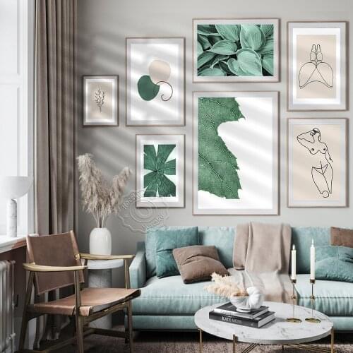 Nature Green Plant Leaf Lines Poster, Women Abstract Simple Line Art Prints, Modern Style Hallway Living Room Home Decor Mural