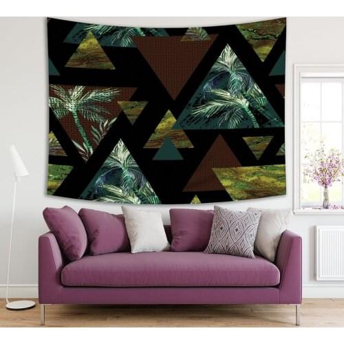 Tapestry Triangle with Palm Tree Leaves Abstract Tropical Summer Geometric Grunge Retro Artwork Blue Green Brown Black